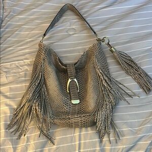 Stylish Grey Snake Print Handbag with Fringe